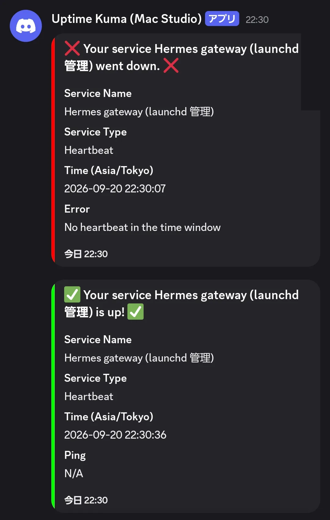 Uptime KumaからのDOWN通知とUP復帰通知
